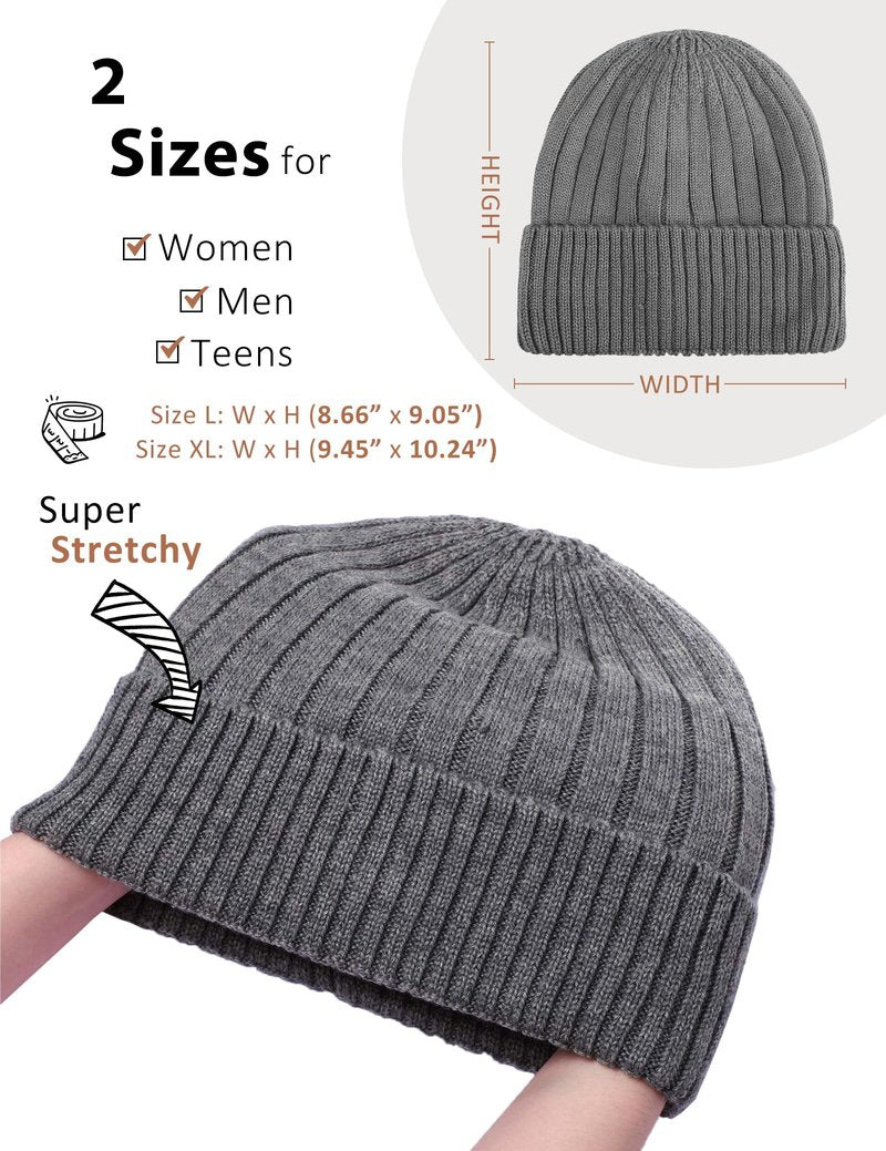 LiuSuper Wool Beanie Winter Hat - Unisex Warm Knitted Cap with Wool Lining, Oversized Fit Black Grey
