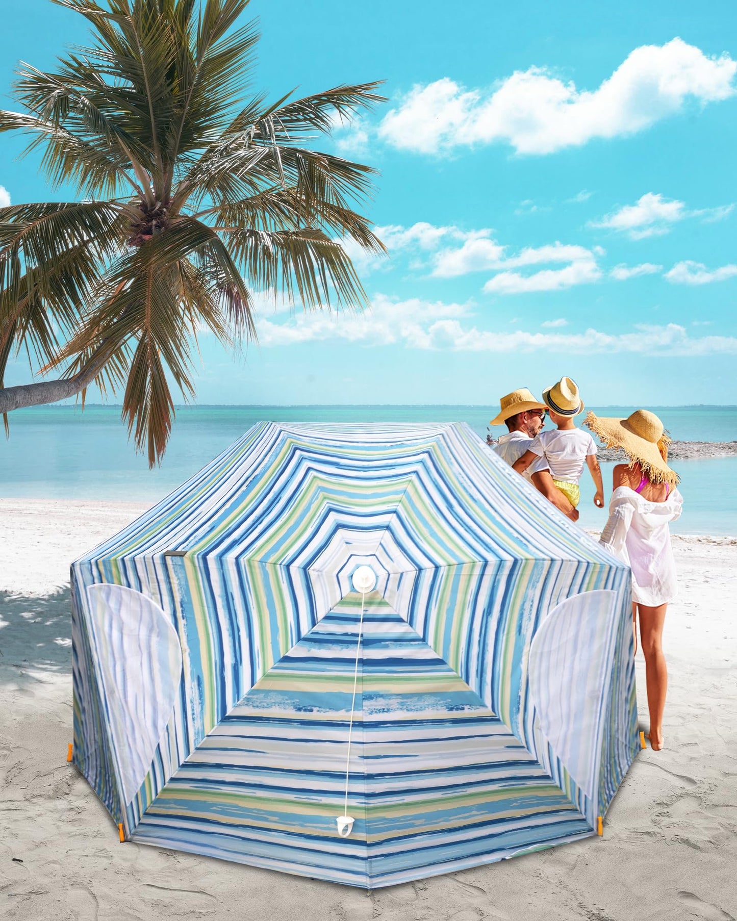 OutdoorMaster Pop Up Beach Umbrella, Portable Beach Tent Shelter, Beach Shade Sun Canopy with UPF 50+ UV Protection, Extendable Floor with Carrying Bag - Azure Jade Stripes