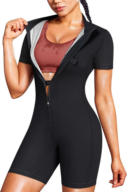 Waist Trainer Sauna Suit for Women - Ribbed Full Body Sweat Shirt | Enhanced Sweat and Comfort