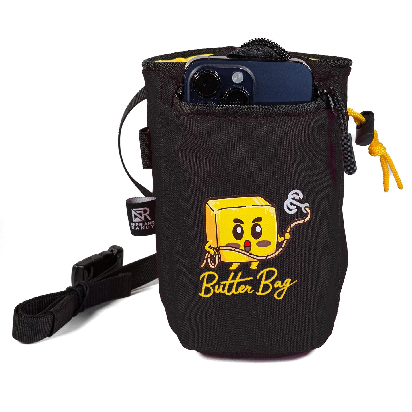 Nips and Randy Chalk Bag Rock Climbing | Bouldering | Butter Bag | Cell Phone Pocket and Adjustable Waist Strap | Cute | Funny | Nips and Randy | Weightlifting | Bodybuilding (Black)