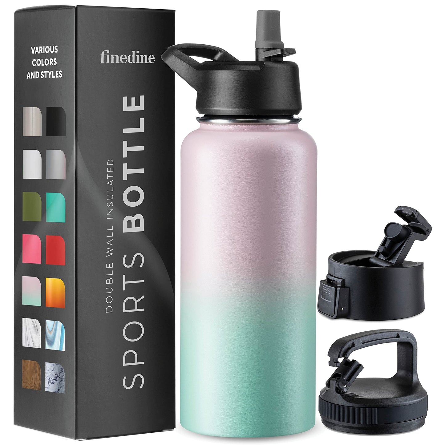 FineDine Triple Walled, Insulated Water Bottles with Straw - 32 Oz Stainless Steel Metal Bottle W/ 3 Leak Proof Lids - For Travel, School, Sports, Gym / Men, Women & Kids - Brushed Stainless Steel