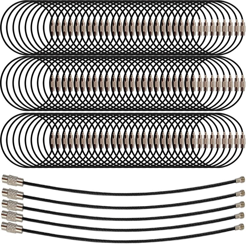ROYHOO 100PCS 6 inch Black Stainless Steel Wire Keychains Cable, Key Rings, Heavy Duty Luggage Tags Loops Tag Keepers 1.5mm Twist Barrel
