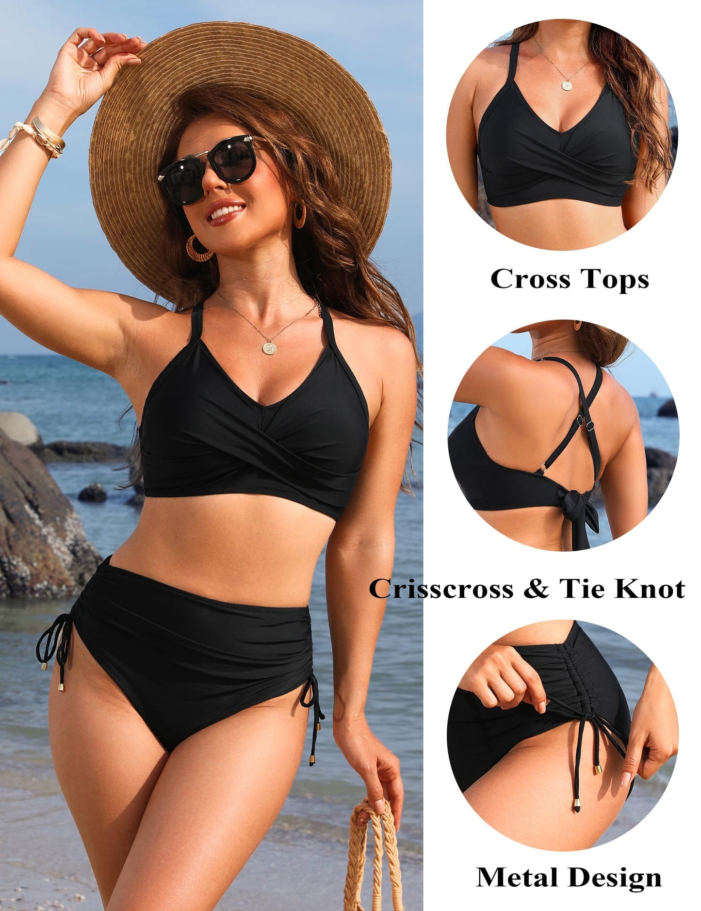 Blooming Jelly Womens High Waisted Bikini Sets Two Piece Swimsuit XXL Black