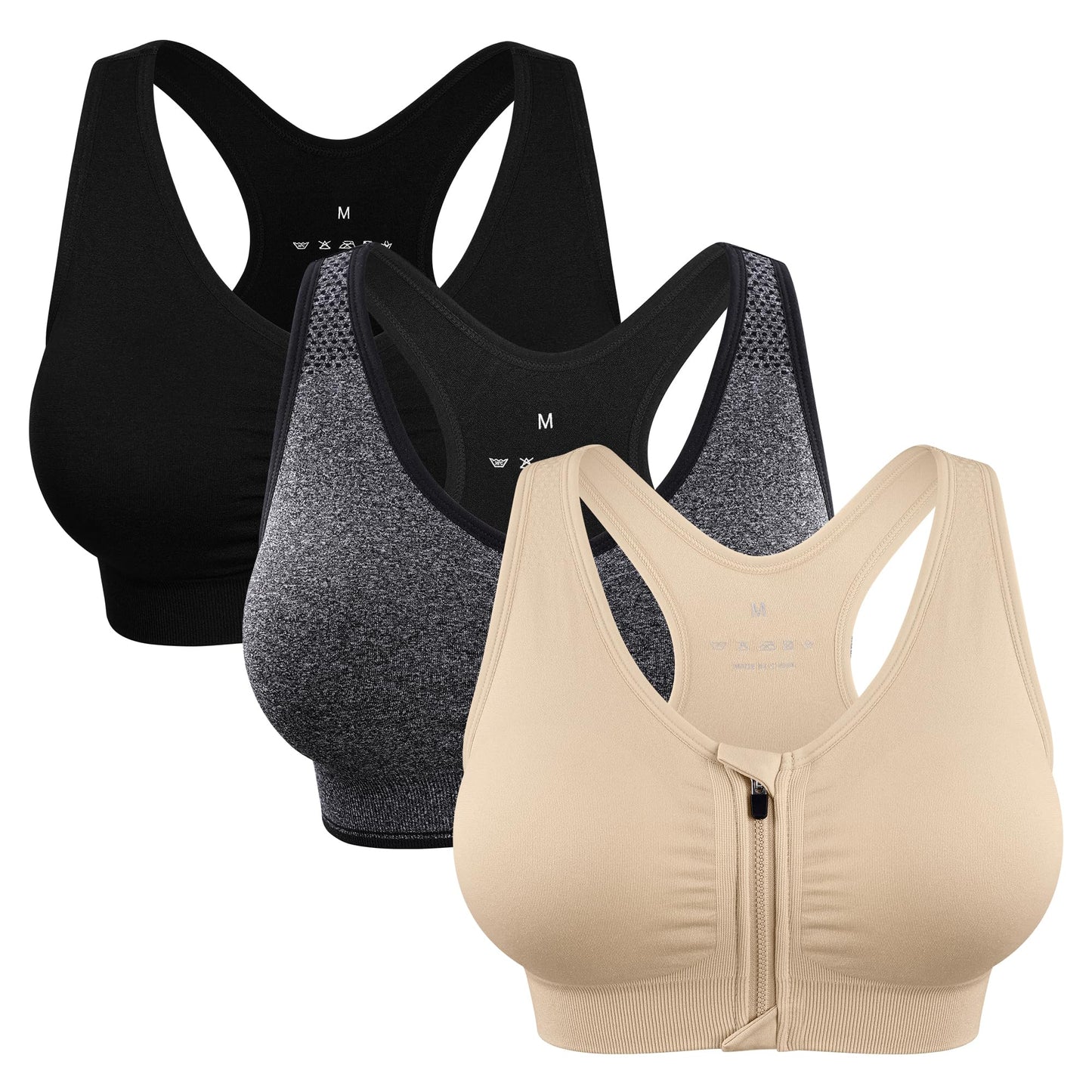 Women's Zip Front Sports Bra Wireless Post-Surgery Bra Racerback Workout Yoga Bras Padded Post-Surgical Bras Front Closure Sport Bra 3 Pack Bust Reduction Bra
