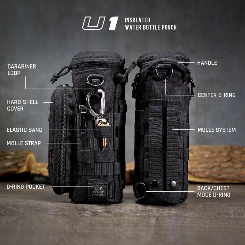 GOVO U1 Water Bottle Pouch - Durable Nylon, Fits 40oz Bottle | Molle System, Zippered Hardshell Cap