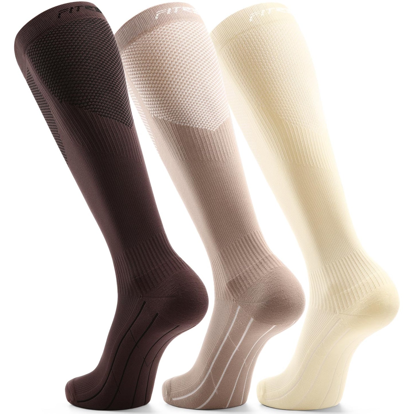 FITRELL 3 Pairs Compression Socks for Women and Men 20-30mmHg- Support Socks for Travel, Running, Nurse, Knee High Socks, Tan+Almond+Khaki S/M