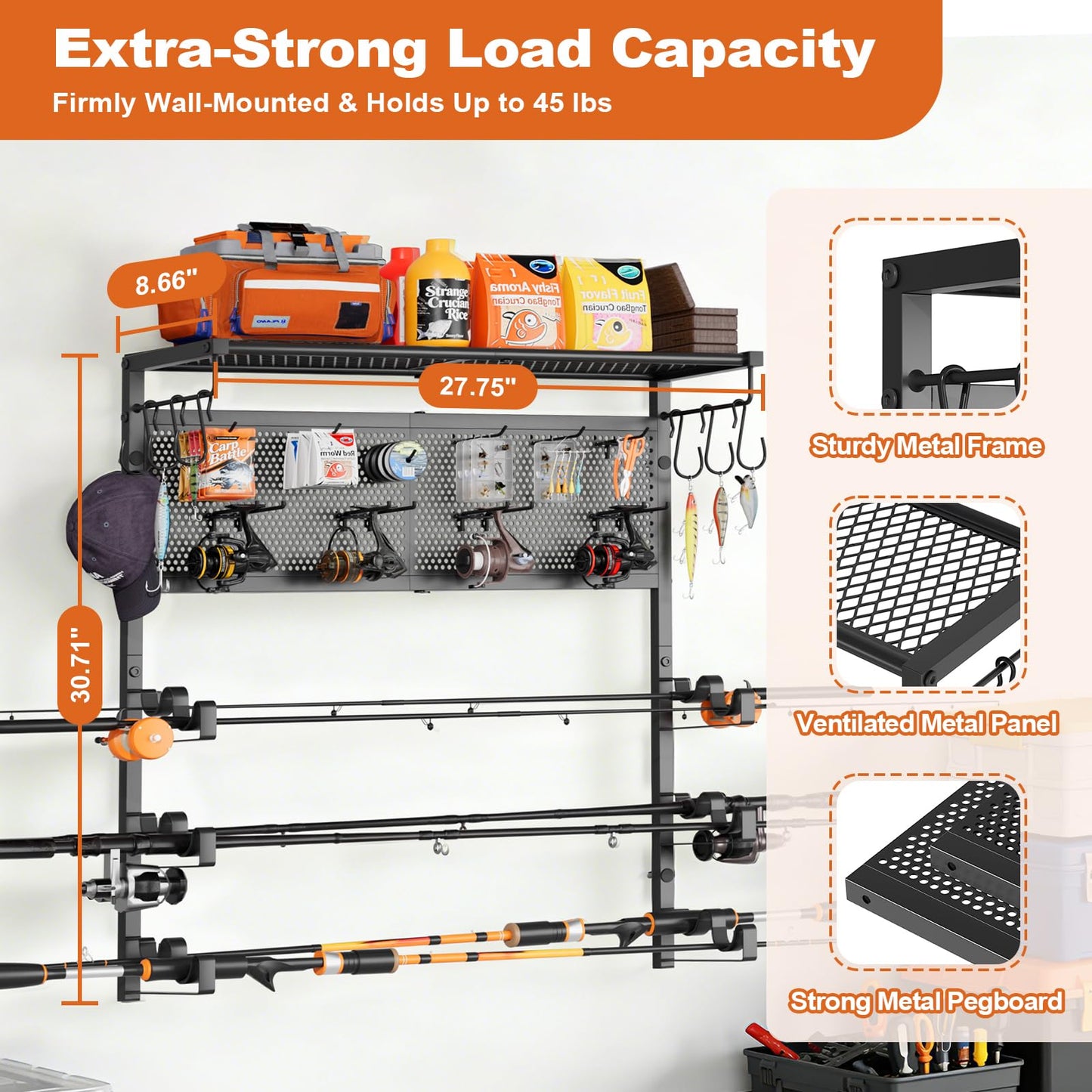 Olakee Wall Mount Fishing Rod Holders, Large Capacity Fishing Pole Holders for Garage Organizer, Horizontal Fishing Pole Rack Holds Up to 6 Rods with Pegboard & Hooks, Ideal Gift for Men Dad Anglers