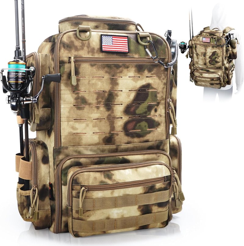 Fishing Tackle Backpack - Waterproof 45L Gear Bag with Rod Holders | Large Sahara Khaki Camo