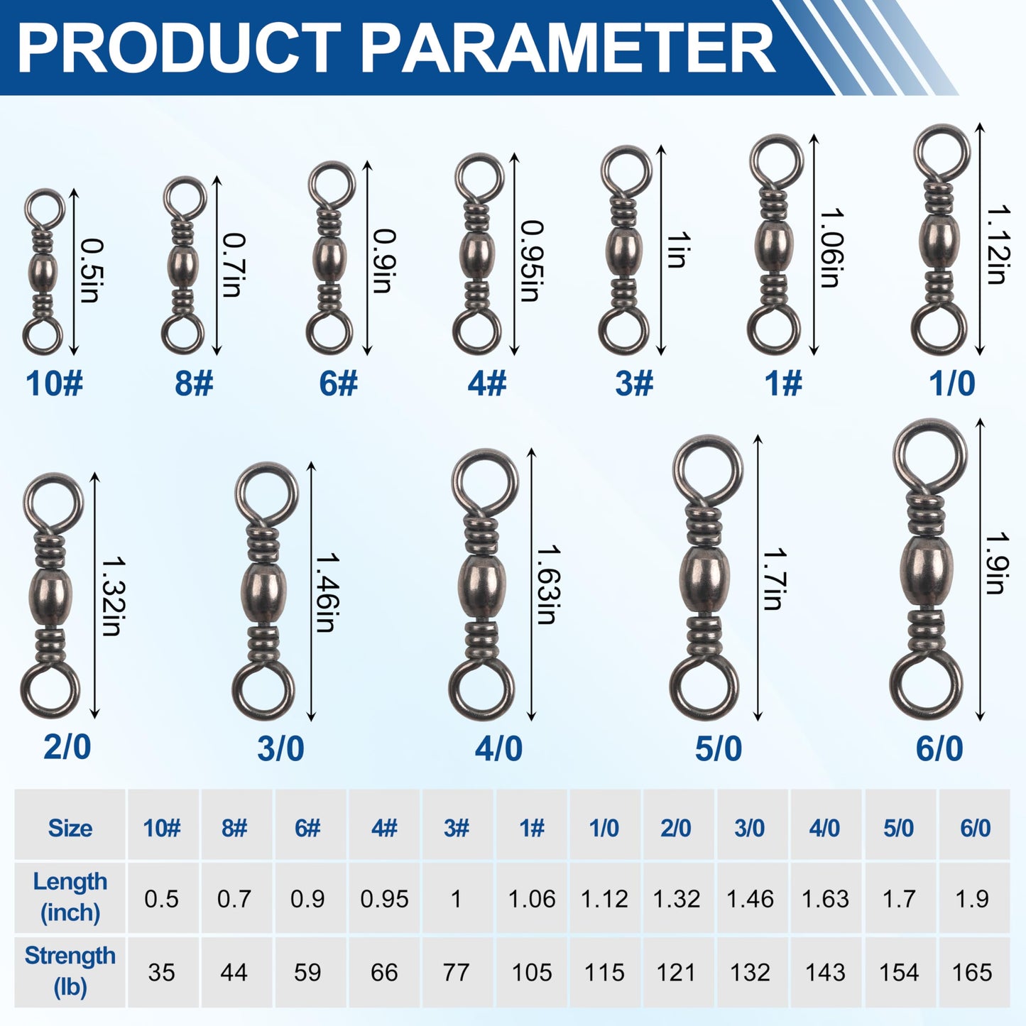 Fishing Barrel Swivels - 50/100 pcs Rolling Ball Fishing Swivel with Solid Ring Fishing Tackle Accessories Hook Line Connector Copper with Stainless Steel Black Nickle Coated Test Strength 35 - 165lbs