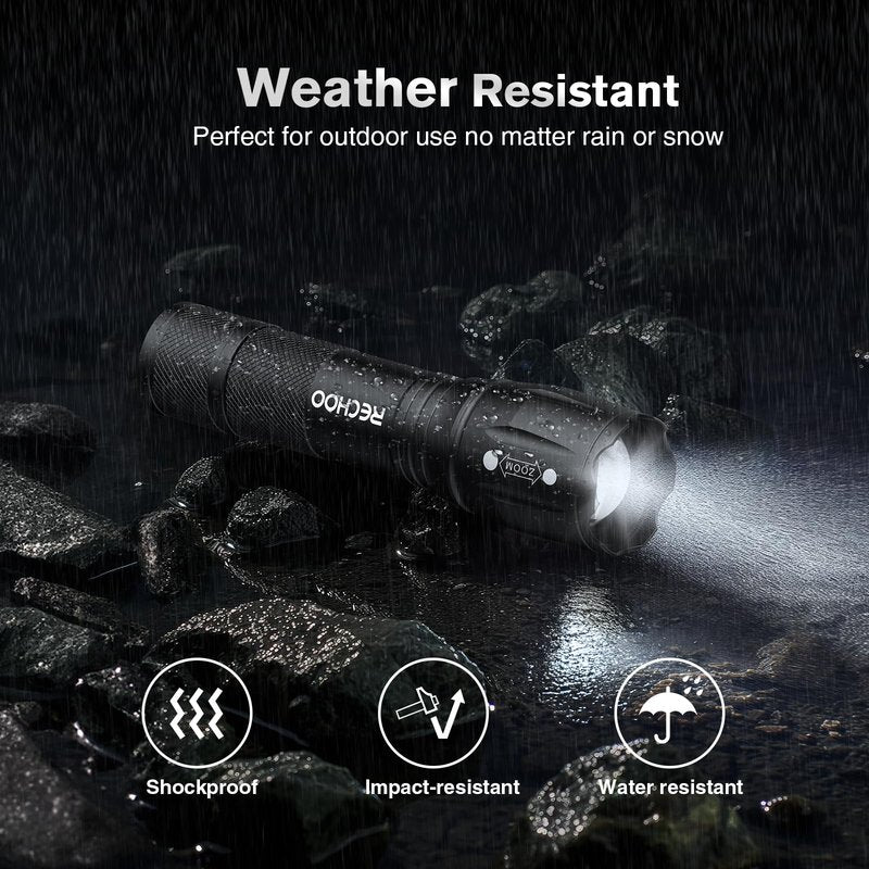 RECHOO 4Pack LED Flashlight, Bright Small Flashlights High Lumens with 3 Modes, Pocket Mini Flashlight Battery Powered, Flash Light Adjustable Focus, Waterproof Flashlights for Home Emergency Camping