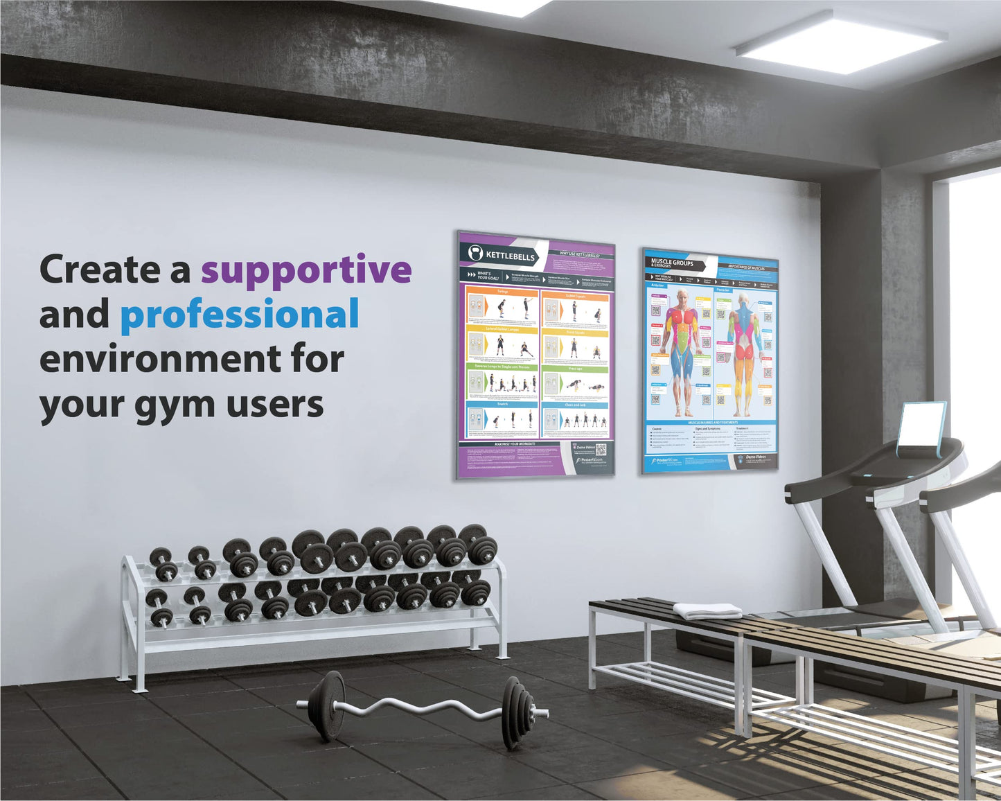 Gym Workout Posters - Set of 7 - Laminated - LARGE FORMAT 33" X 23.5" - Exercise Posters - Gym or Home Workout Charts - Includes Video Training Support