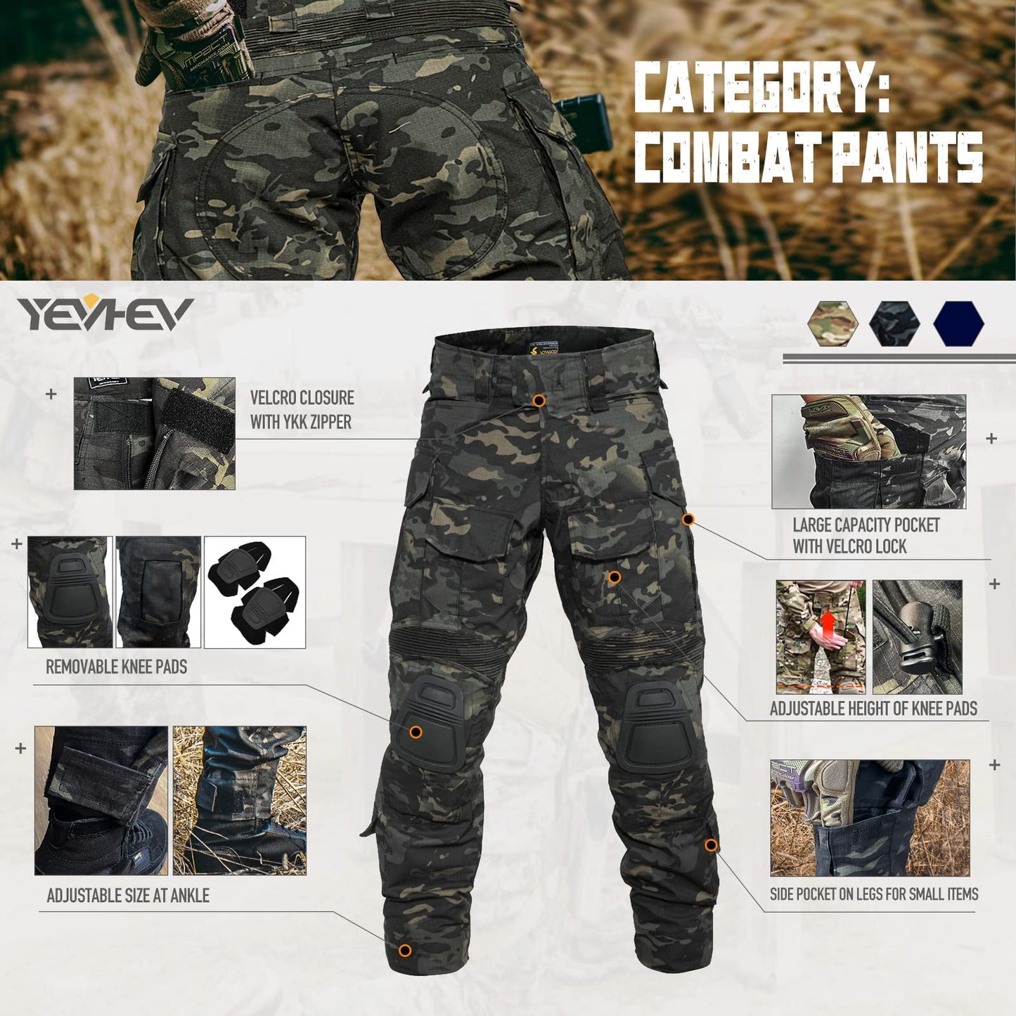 YEVHEV G3 Combat Pants Tactical Trousers Military Apparel Camouflage Clothing Paintball Gear with Knee Pads for Men