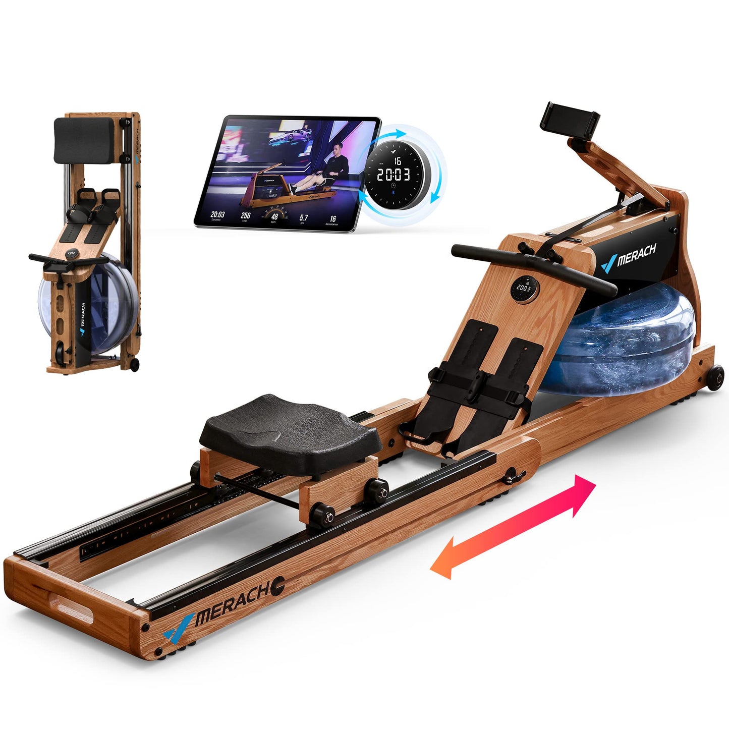 MERACH Foldable Wooden Rowing Machine, Water Electromagnetic Rower Machine for Home Use, Exclusive App Lifetime Membership, Patented Space Saver, MERACH Go Technology, 950