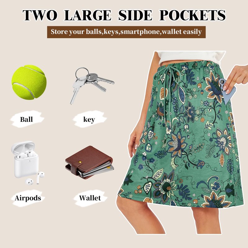 Zando Plus Size Skort Skorts for Women Dressy Casual Knee Length Skirts for Women with Pockets Tummy Control Athletic Skirt Plus Size Tennis Skirt Golf Skort Drawstring Skirt Black Leaves X-Large