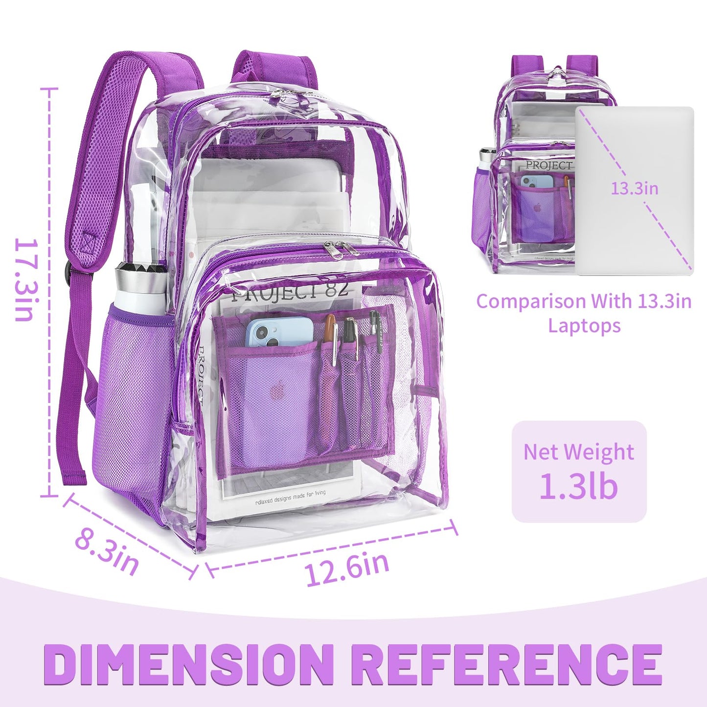 YGR Clear Backpack Heavy Duty PVC Transparent Backpack See Through Large Capacity Multiple Pockets Bookbag for Concert Work Security Travel Festival Purple