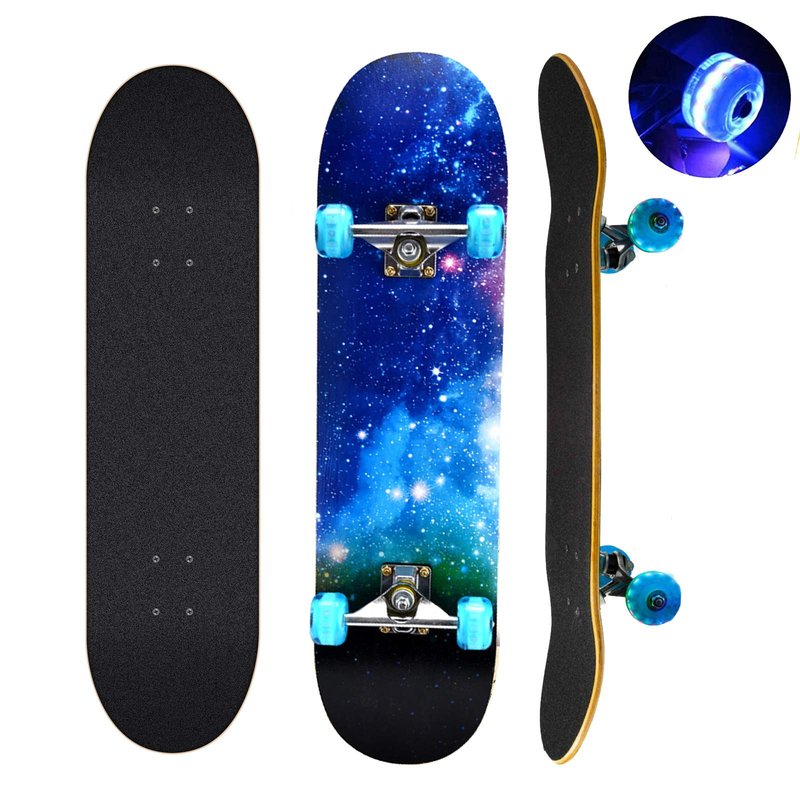 Skateboards with Colorful Flashing Wheels for Beginners,Kids,Teens,Adults, Complete Standard Skate Boards 7 Layer Maple Deck Concave Skateboard