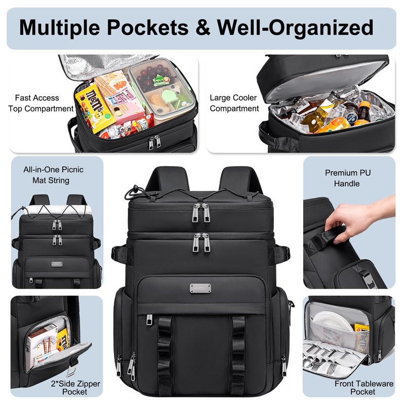 Weitars Insulated Cooler Backpack,Double Deck Waterproof Soft Cooler Bag,Backpack Coolers Leak Proof Lunch Backpack for Men Women for Travel,Camping,Picnic,Beach,Picnic,Outdoor 31L/52 Can (Black)