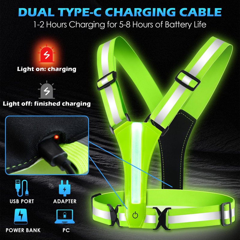 Topward LED Reflective Vest Running Gear, 8 Lights Colors Illuminated, USB-C Rechargeable, High Visibility Safety Vest with Adjustable Waist/Shoulder, Light Up Vest for Night Dog Walking Cycling