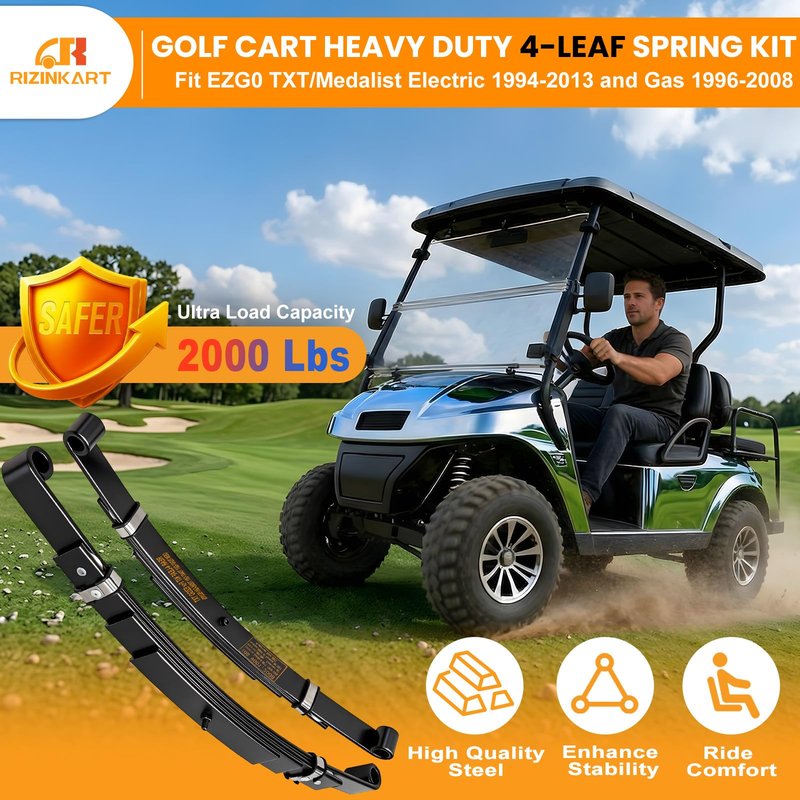 Upgraded Heavy Duty 4-Leaf Rear Leaf Spring Kit For EZGO TXT/Electric 1994-2013 & Gas 1996-2008,2000 Lbs Ultra Load Anti-Rust Golf Cart Suspension with Bushings Sleeves U-Bolts, Replace OEM 74207-G01