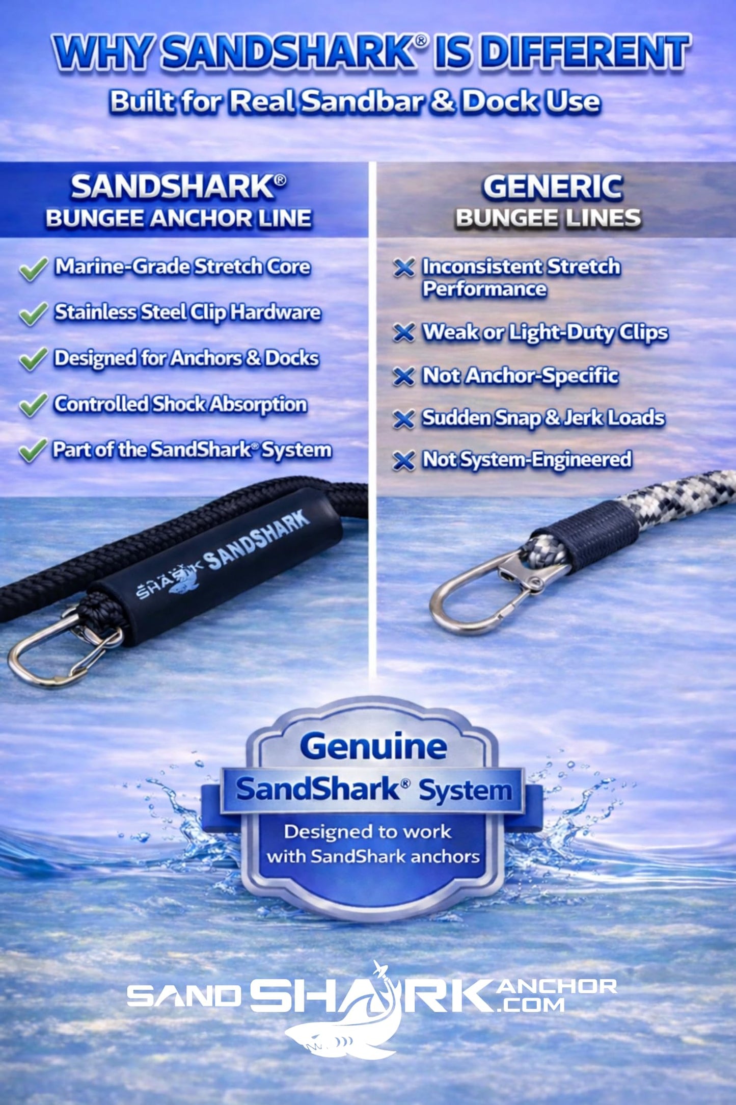 SandShark Premium Anchor Bungee Dock Line. Boat Accessories Anchor Line Absorbs Shock to Anchors and Docks w/Stainless Steel Clip - Black - 7-14ft