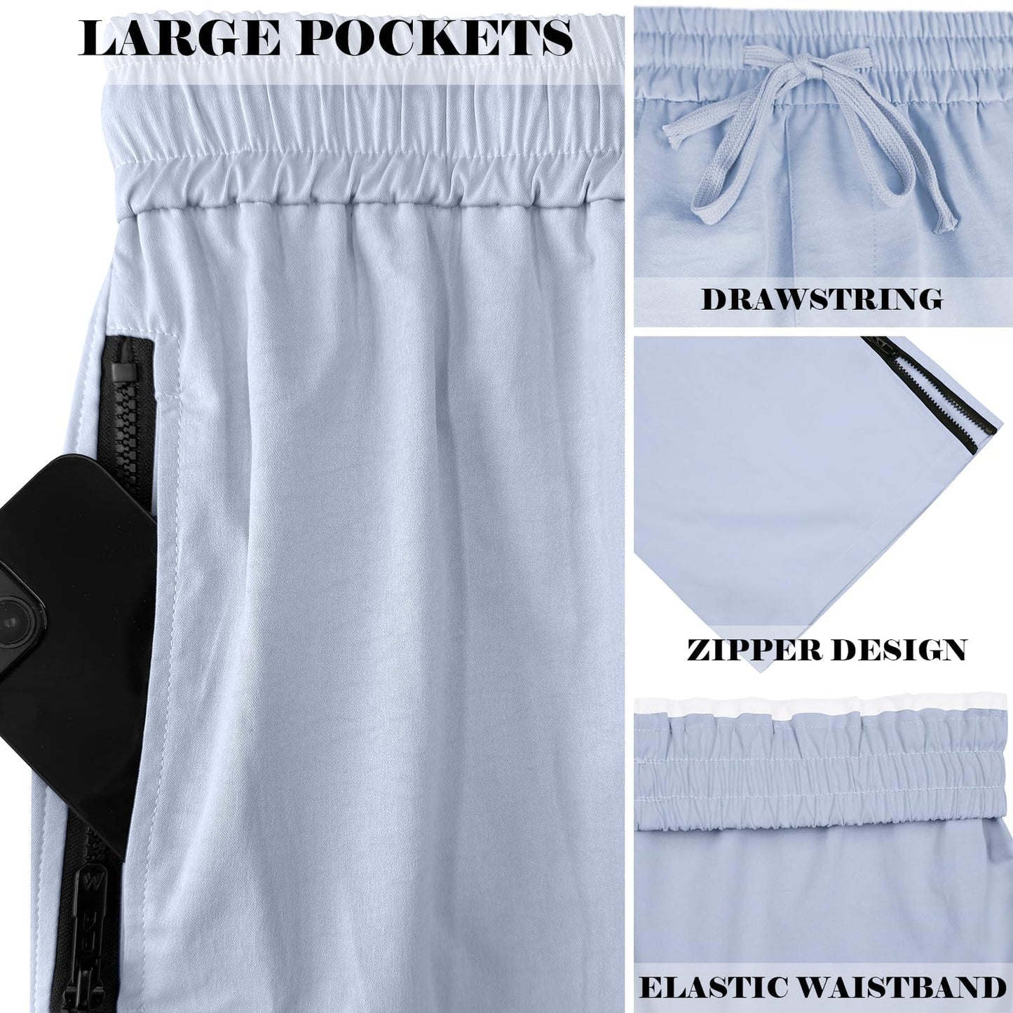 ZOCANIA Mens Casual Shorts Side Zipper Beach Gym Short Pants Elastic Waist Drawstring Shorts with Pockets Blue