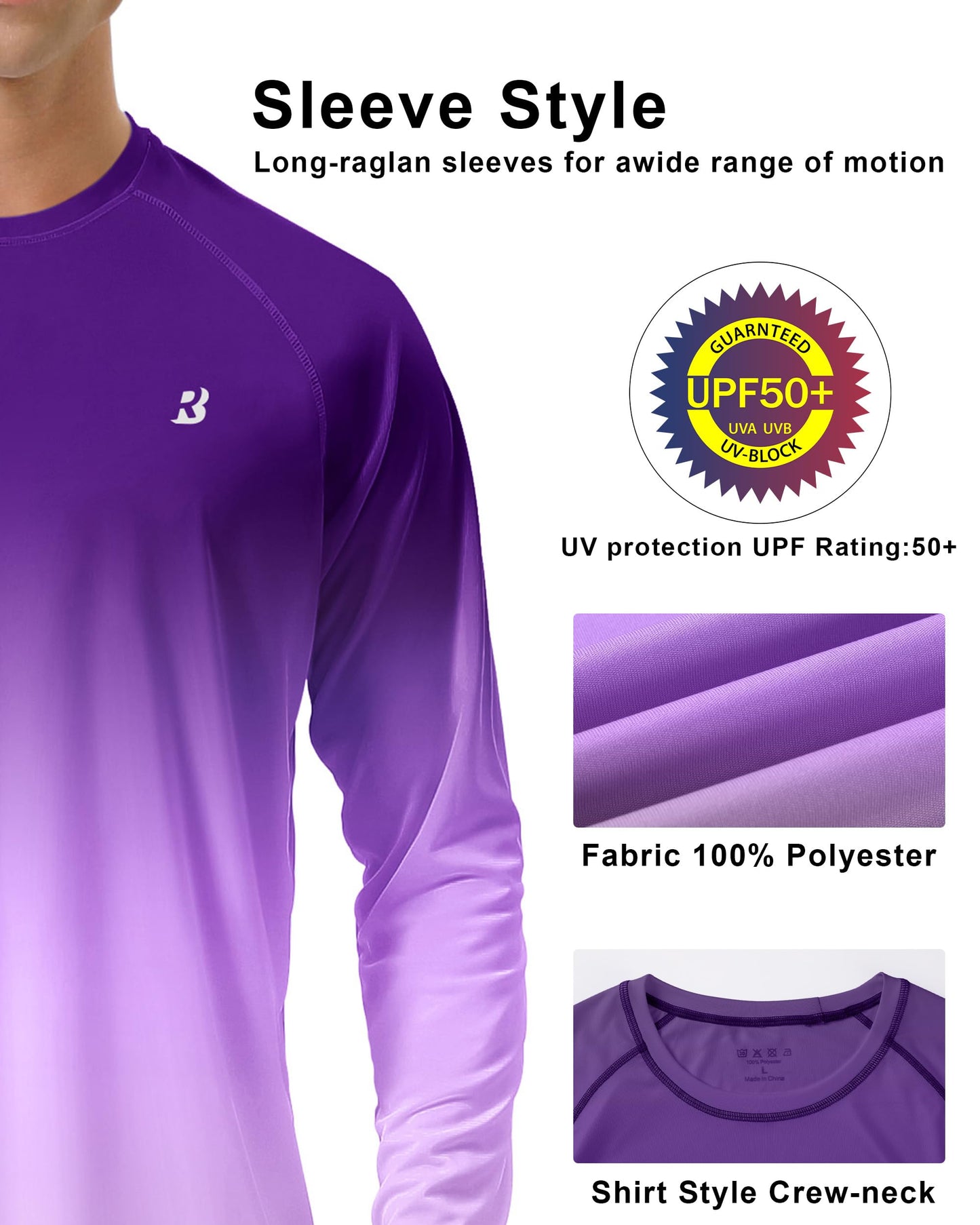 Roadbox Mens UPF 50+ Long Sleeve SPF Diving Rash Guard UV Sun Protection Shirts for Outdoor Fishing Hiking Swimming Running