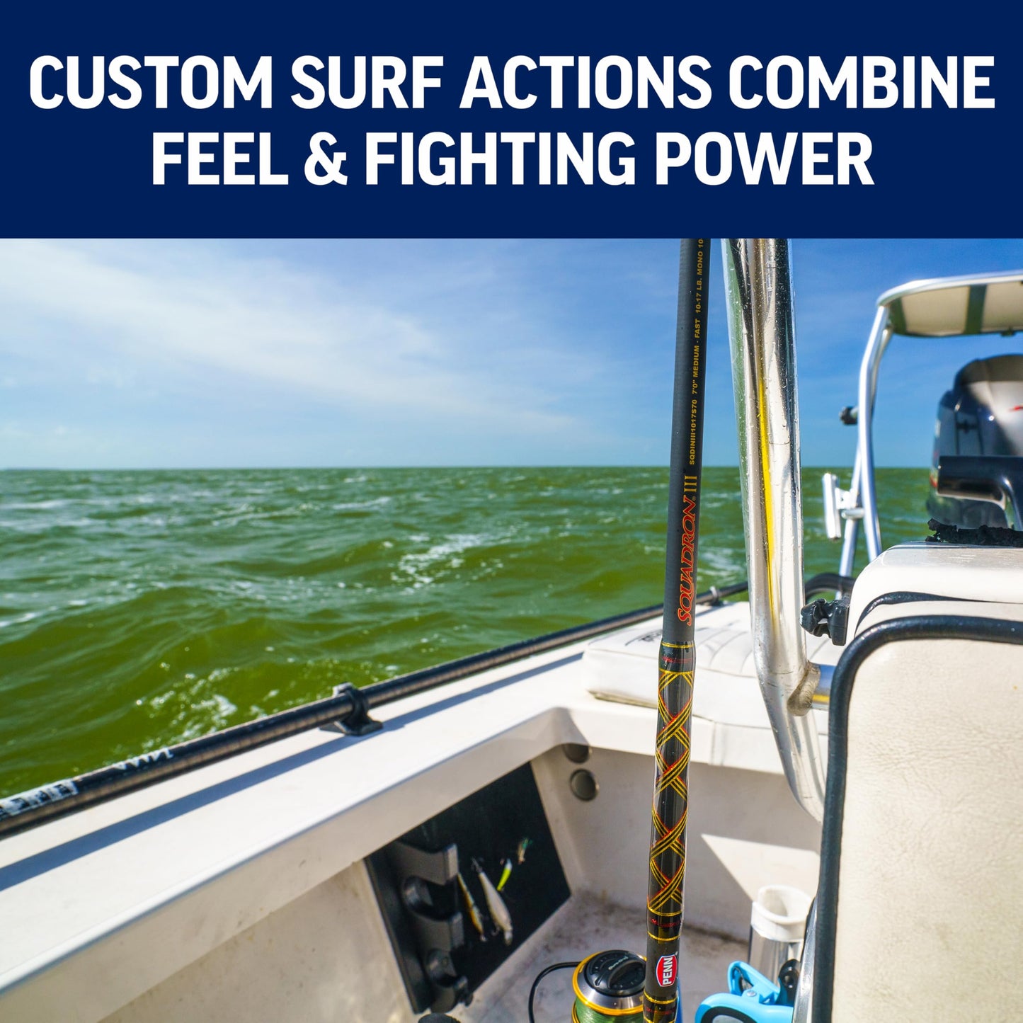 PENN Squadron III 12’ Surf Spinning Fishing Rod; 2-Piece, 20-40lb Line Rating, Heavy Rod Power, Moderate Fast Action, 4-8 oz. Lure Rating, Titanium/Red/Gold