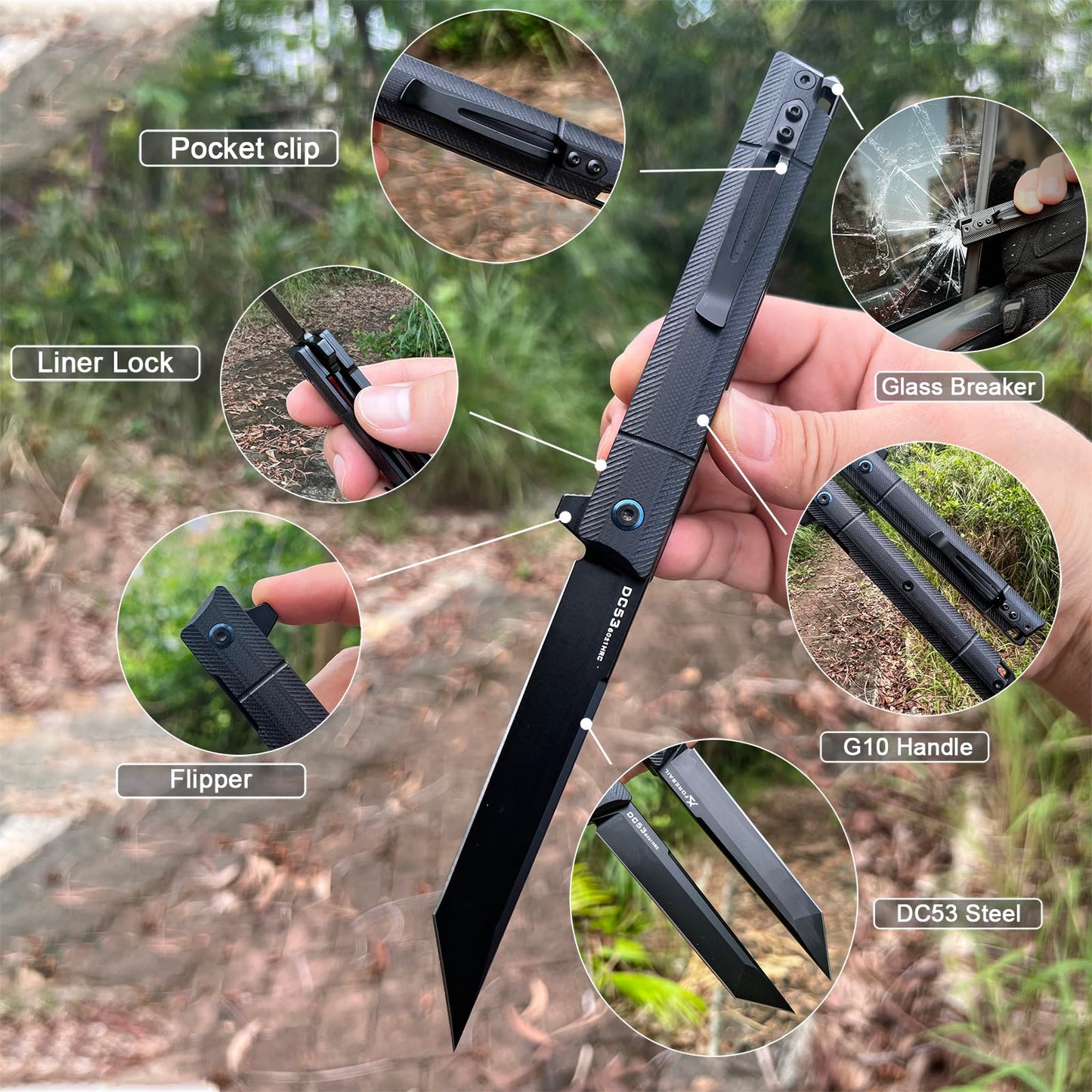 FORESAIL Tactical Folding Pocket knives,DC53 Steel Blade and G10 Handle. With pocket clip and glass breaker,men's pocket knife hiking trip EDC tool Knife