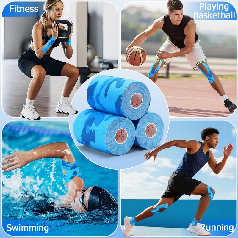3 Pack Kinesiology Tape - Professional, Waterproof & Latex-Free Athletic Tape for Muscle & Joint Support on Knee, Ankle, Shoulder, Wrist During Sports, Swimming & Training - Blue Camo 4in x 5.5yd