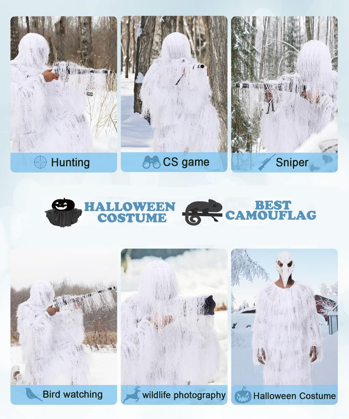 Snow Camo Ghillie Suit for Men Hunting, Airsoft Gilly Suit Hooded Gilley Suits Youth, Camouflage Hunting Outfit for Men in Fall Winter (Snow Camo)