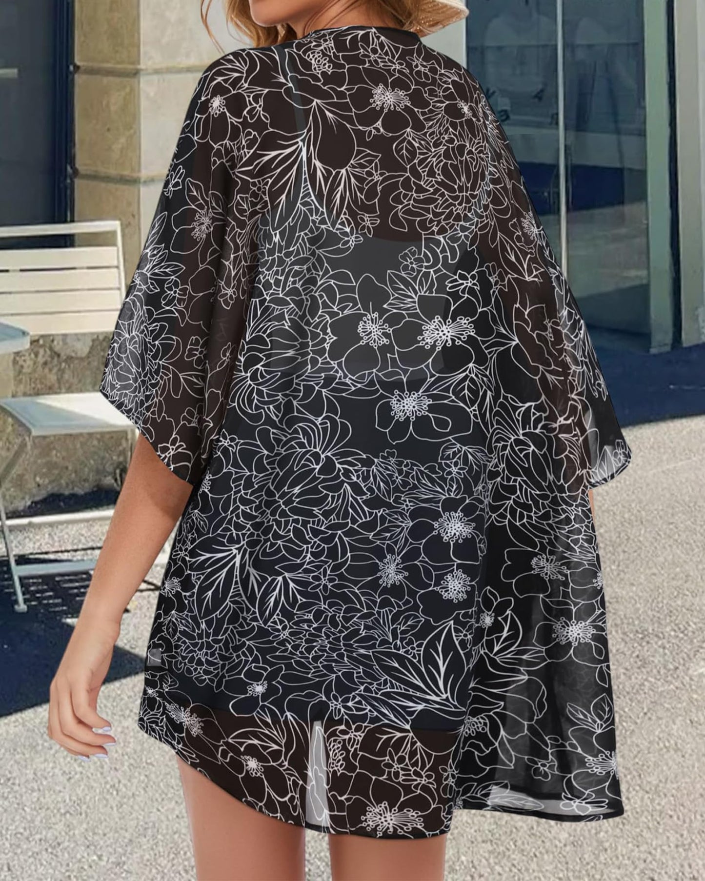 Womens Floral Kimono Cardigans Loose Puff Sleeve Casual Beach Coverups Tops (Black Brief Flowers,S)