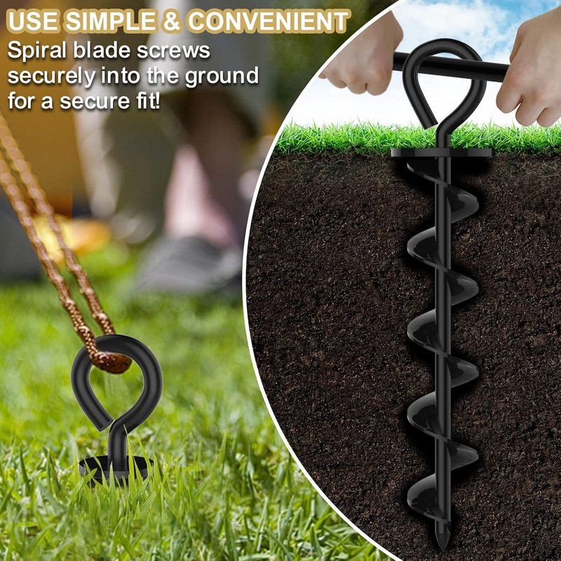 Heavy Duty Ground Stakes - Industrial Grade Spiral Steel Screw-In Anchors | 4 Pack with Bonus Tie-Down Ropes for Trampolines, Canopies, Outdoor Sheds - Black