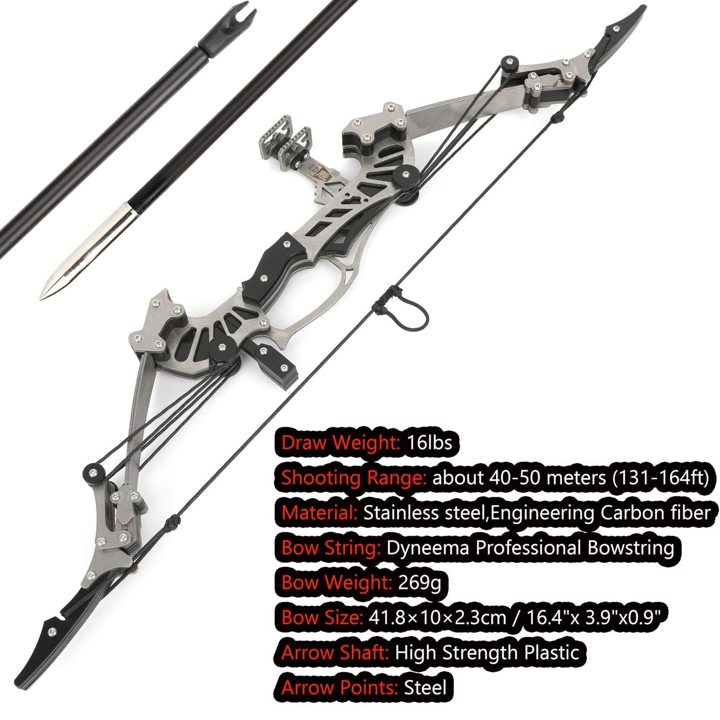 ZSHJGJR 6"/7.4"/7.9"/8.6"/8.8"/9.5" Mini Archery Bow Set Mini Compound Bow Mini Hunting Bow Metal Material Catapult RH/LH for Hunting Shooting Practice Archery Entertainment Fun (16.4" Bow)