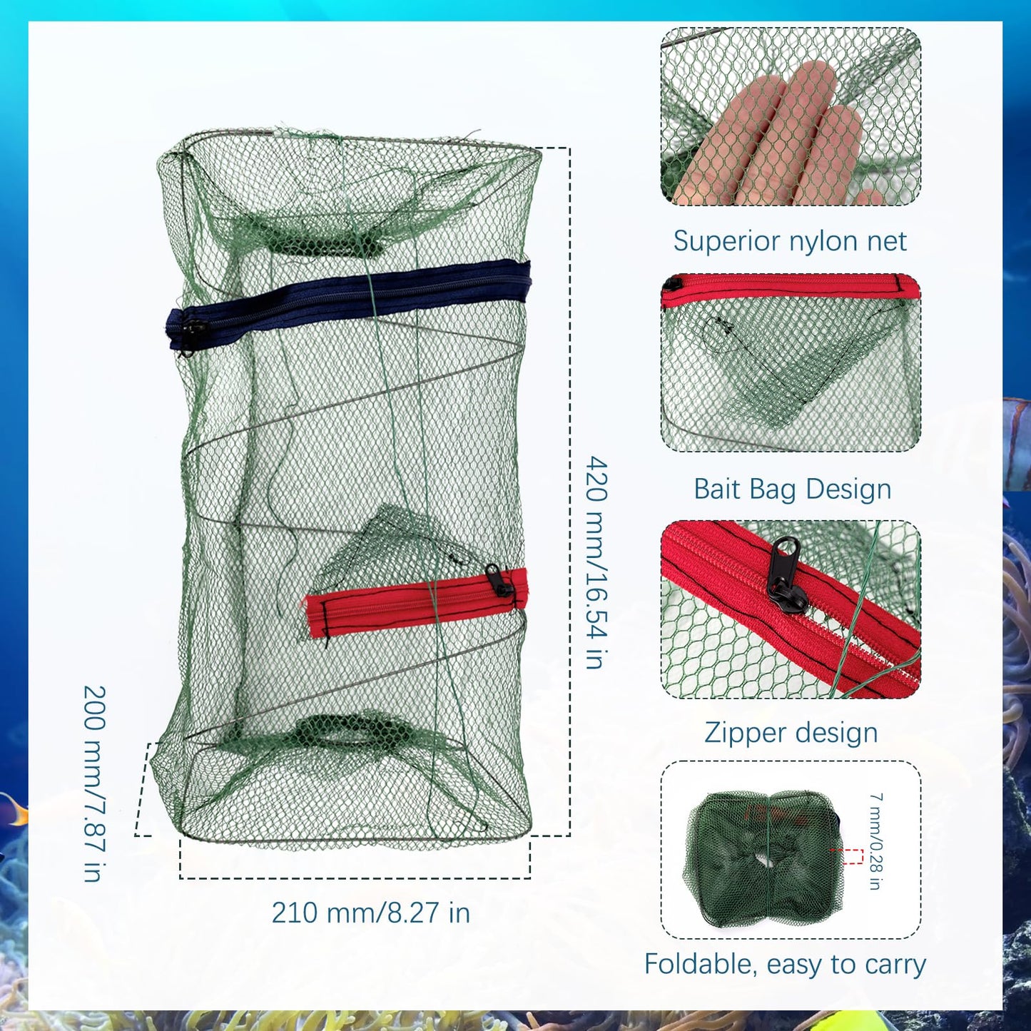 Foldable Fishing Trap Net, 0.28 inches (7mm Mesh)