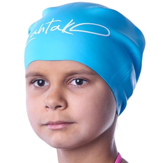 Swim Caps for Long Hair Kids - Swimming Cap for Girls Boys Kids Teens with Long Curly Hair Braids Dreadlocks - 100% Silicone Hypoallergenic Waterproof Swim Hat (Aqua Blue, X-Small)