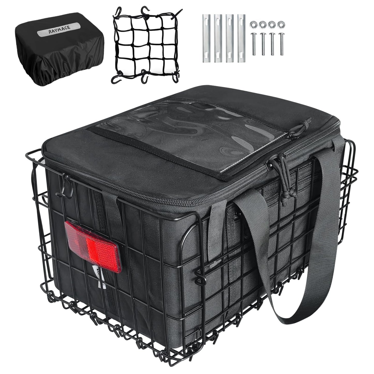 RAYMACE Bike Basket Rear,Bicycle Basket with Removable Liner,Rainproof Cover and Cargo Net,Folding Bike Baskets for Adult,Quick Release Design Fits for Most Rear Mounted Bike Rack