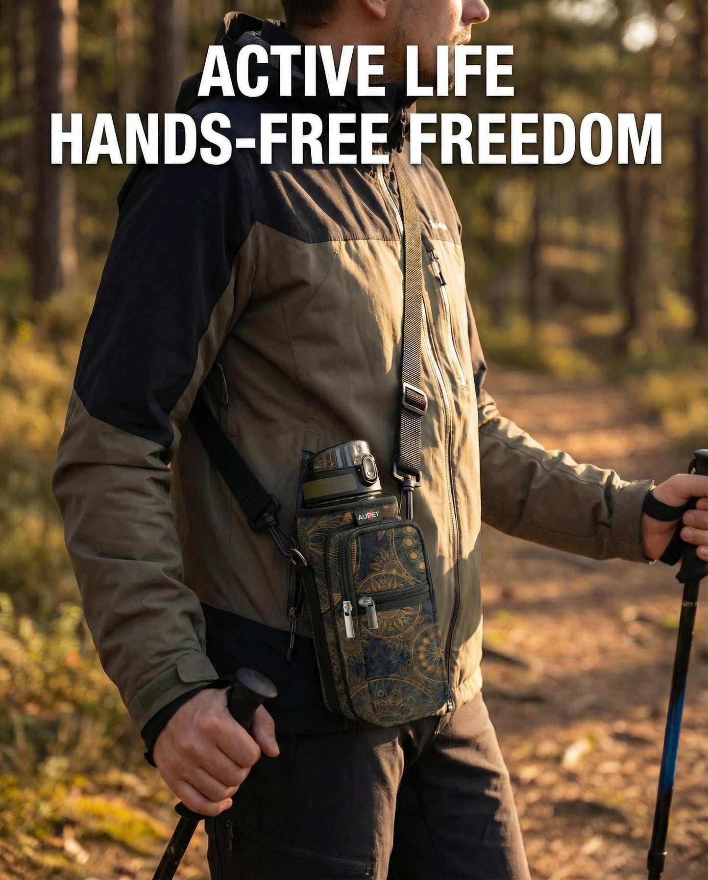 AUPET Water Bottle Sling Bag Sleeve Holder Carrier 25/32/40/64 oz,Insulated Crossbody Water Bottle Case Cover with Strap and Pockets for Men/Women Walking Hiking Camping (40oz, stylish)
