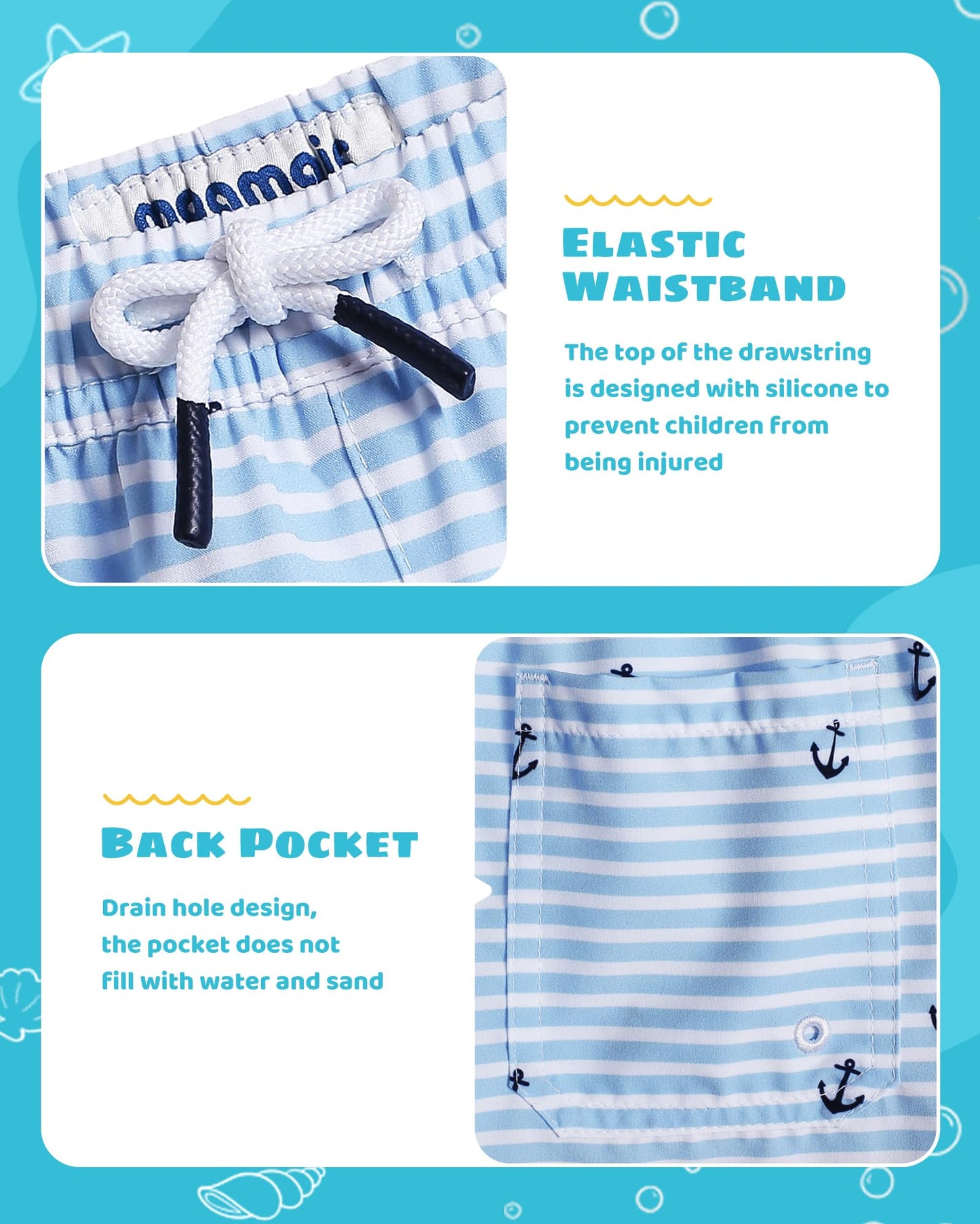 maamgic Boys Swim Trunks with Compression Liner Toddler Stretch Swim Shorts Quick Dry Swimming Trunks Boxer Brief 2 in 1 Beach Shorts White Blue Striped 3T