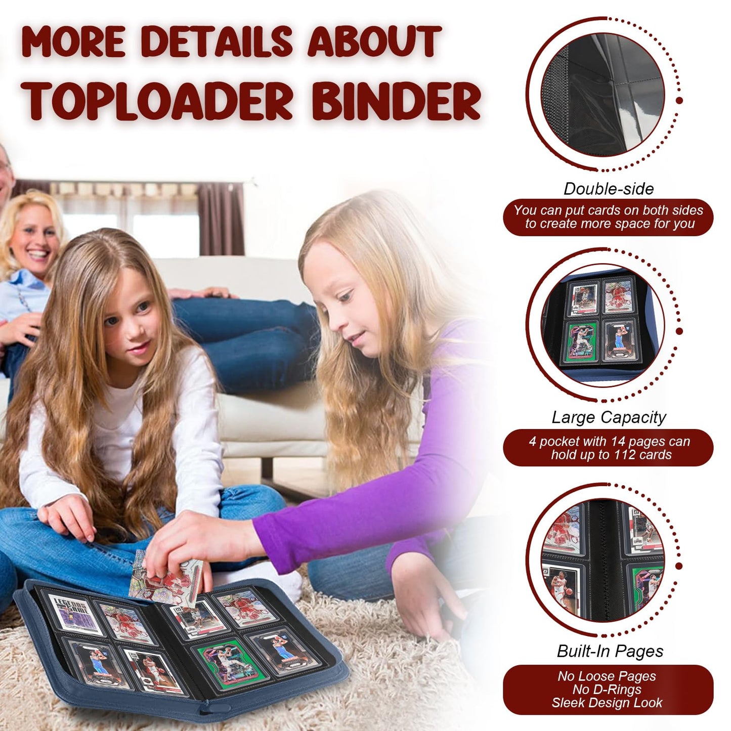 Toploader Binder 4 Pocket, HYMENEX Top Loader Card Binder Holds 112 Toploader Cards for Trading Sports Cards - Black