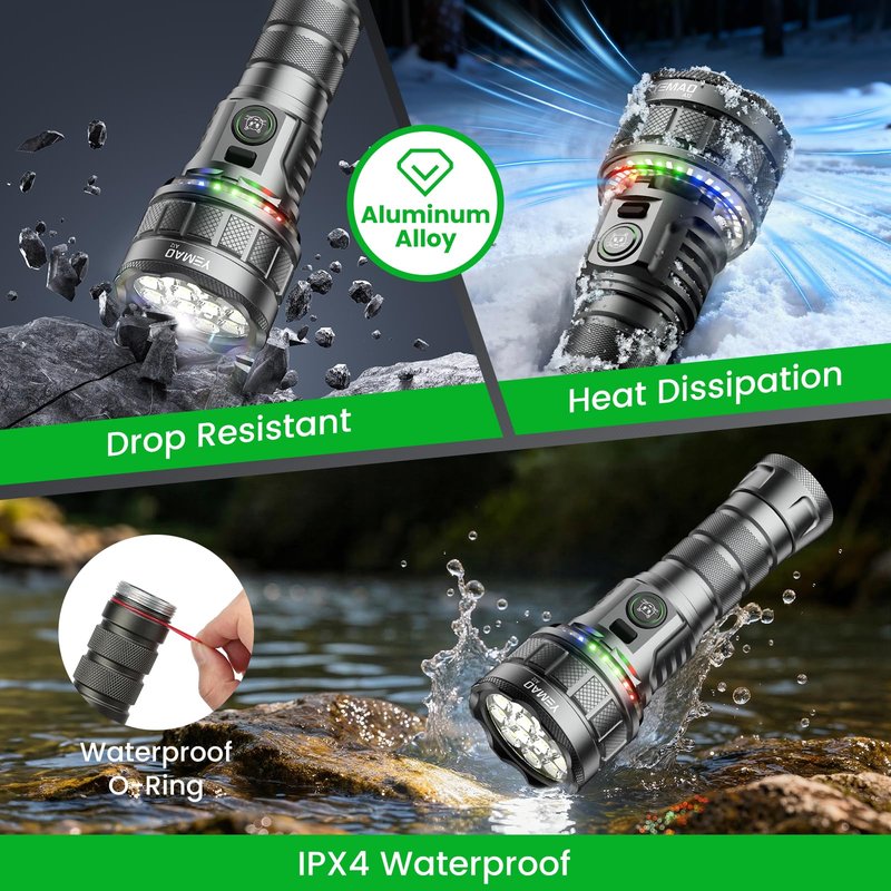 7200 High Lumen Super Bright Rechargeable Flashlight 19 Modes,5000mAh Led RGB Ambient Marquee Flashlight with Memory,High Powered Tactical Flashlight with Camp Light for Home Mergency and Ourdoor Uses