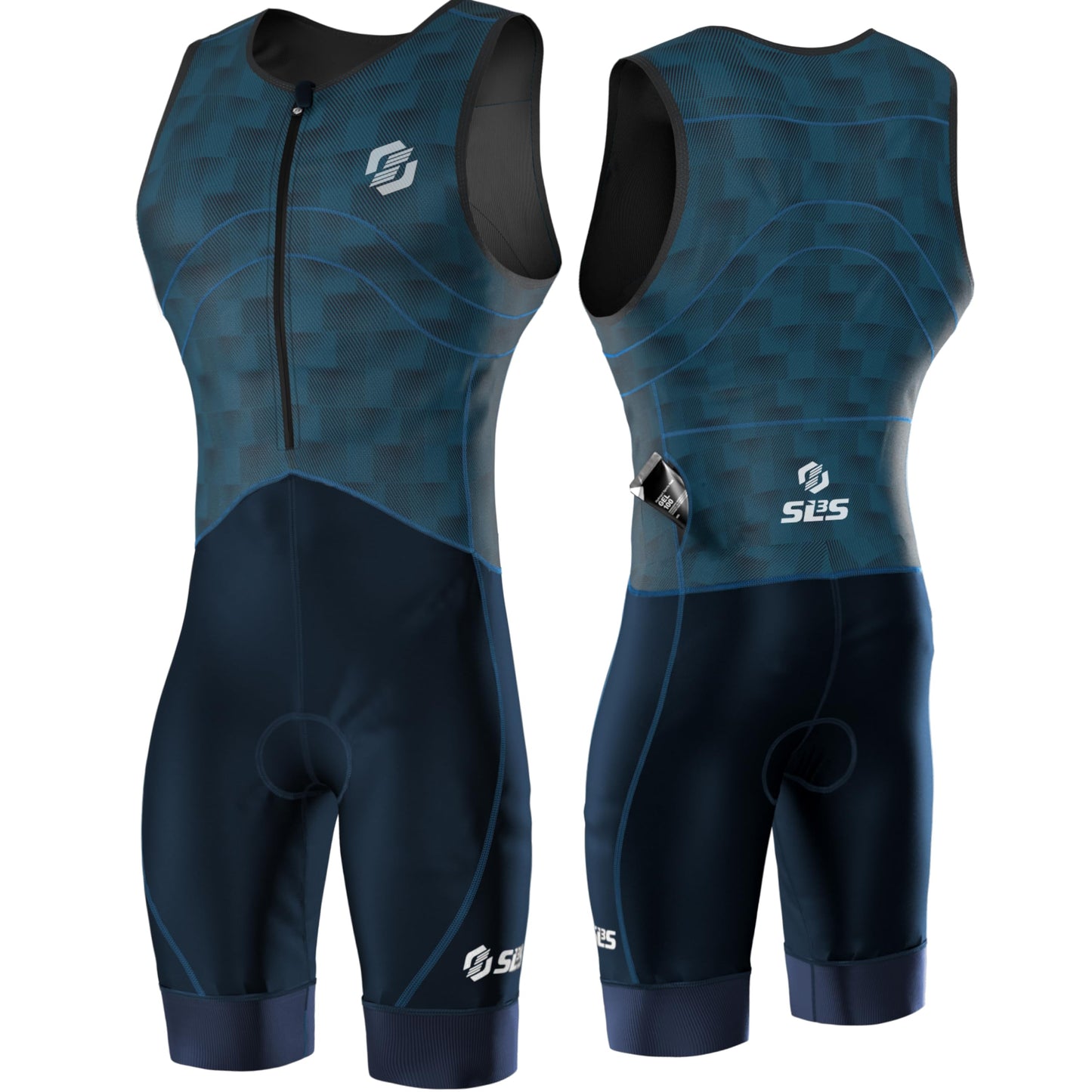 SLS3 Triathlon Suits Mens - Premium Trisuit Triathlon Men - Sleeveless, Quick Drying Tri Kit with Large Back Pocket (Navy Fractal, X-Large)