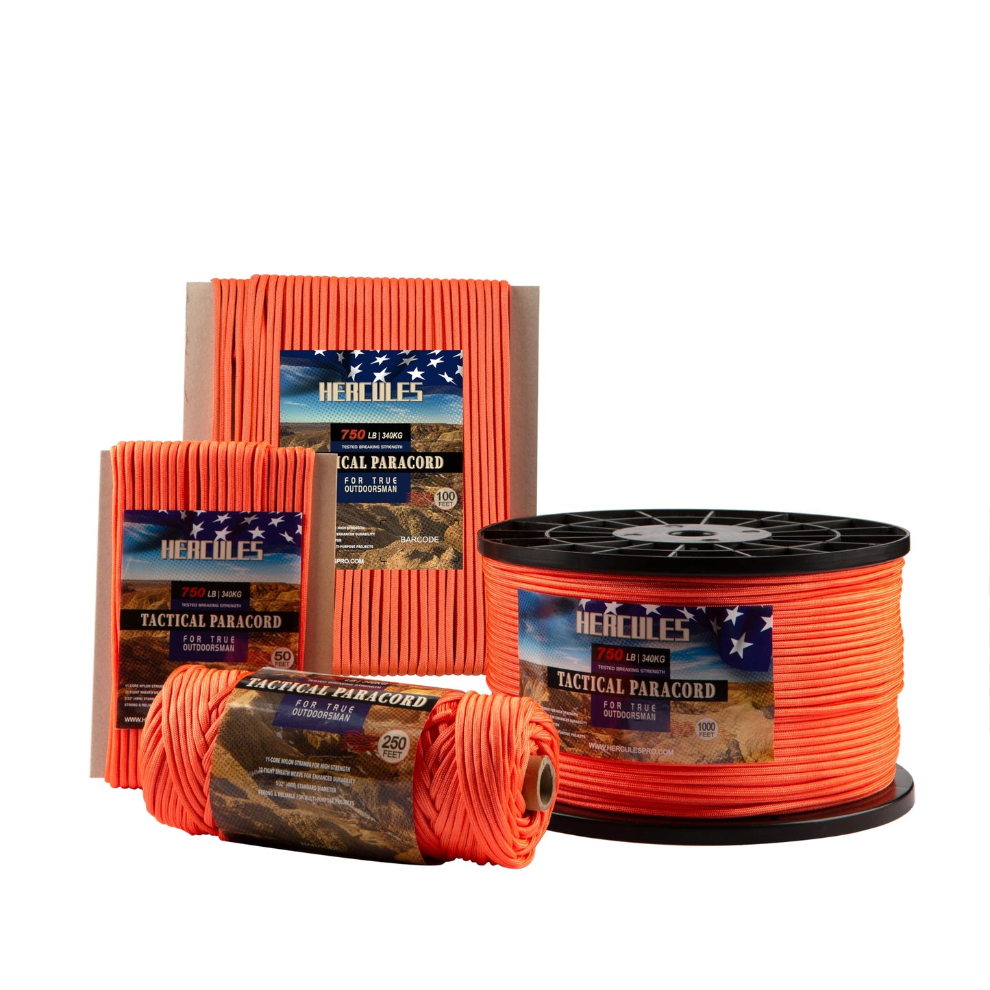 HERCULES 750lb Paracord 4mm 11 Strands Tactical Parachute Cord, 50' 100' 250' 1000' Utility Rope for Camping, Survival, Outdoor Gear (Neon Orange, 1000FT)