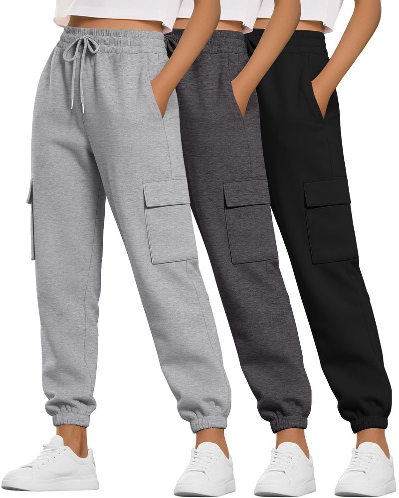 Neer 3 Pack Women's Cargo Sweatpants Joggers Pants Causal Gym Athletic Workout High Waist Bottom Y2k Fall Outfits with Pocket(Black, Dark Grey, Light Grey,Small)