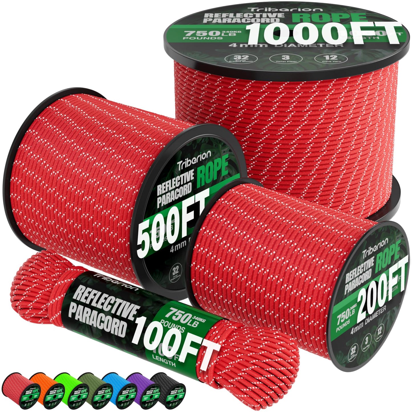 TRIBERION Reflective Paracord Rope 750 lb - 200ft 5/32" Parachute Cord 4MM 12-Strand para Cord - Heavy Duty Spool String for Survival,Camping Gear, Survival Bracelet, Clothesline - Red