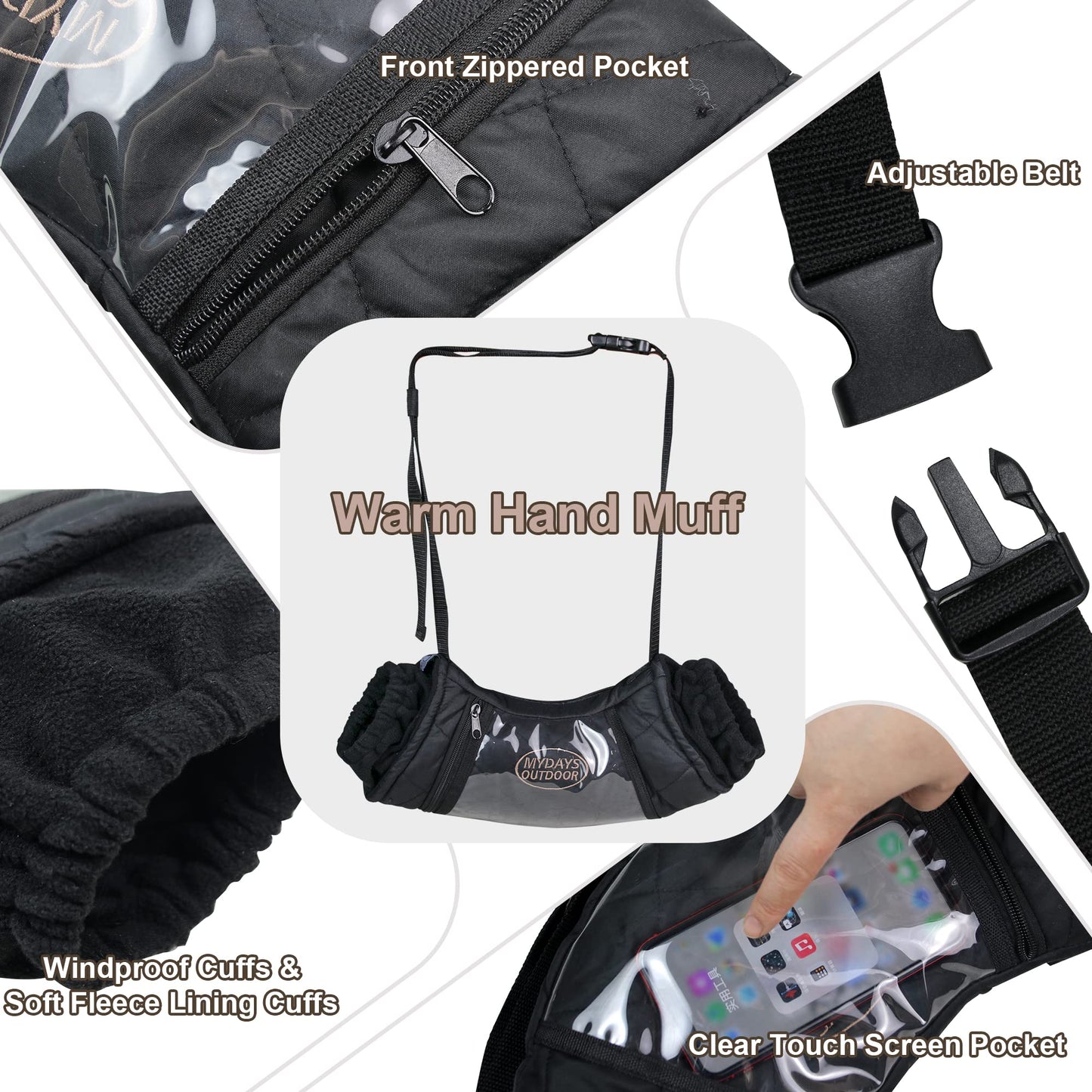 MDSTOP Outdoor Football Hand Warmer Muff Fits for Hunting, Fly Fishing, Camping, Hiking (New Black)