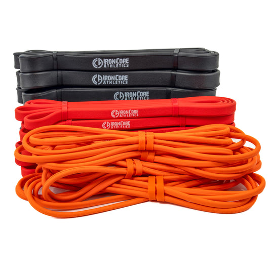 Iron Core Athletics Orange, Red, and Black Exercise Band Combo Five Pack - Premium Resistance Bands for Strength Training - Durable, Non-Slip Grip - Comfort Edge, Tested 30K Pulls