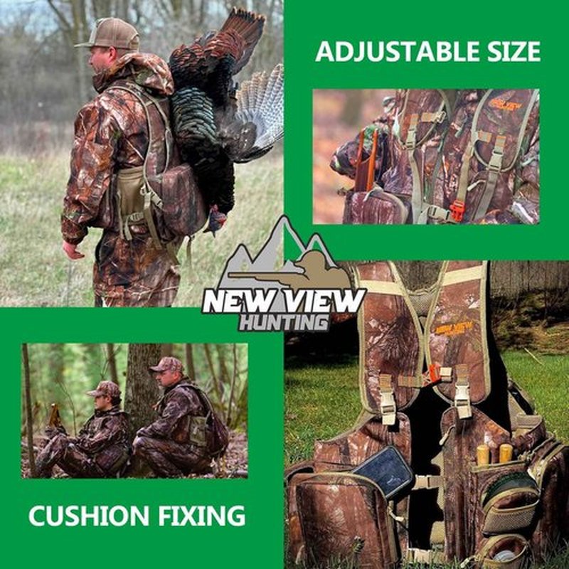 NEW VIEW Turkey Vest with Seat, Adjustable Comfortable Turkey Hunting Vest, Removable Cushion, Game Bag, 20 Pockets, for Turkey Hunters