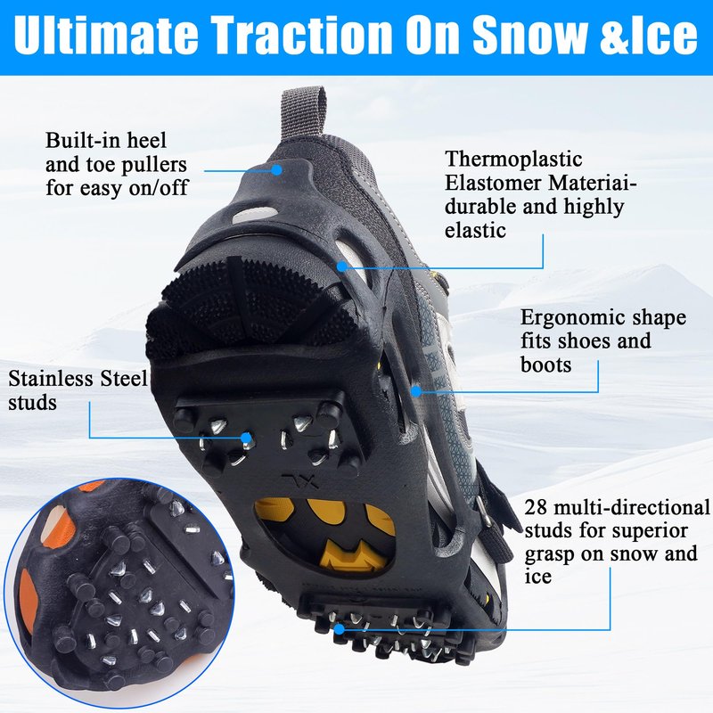 Ice Cleats Snow Traction Cleats Crampons for Boots and Shoes 28 Studs Cleats Crampons Walking on Snow and Ice Anti Slip Overshoe Rubber Ice Grippers Slip-on Stretch Footwear XLarge