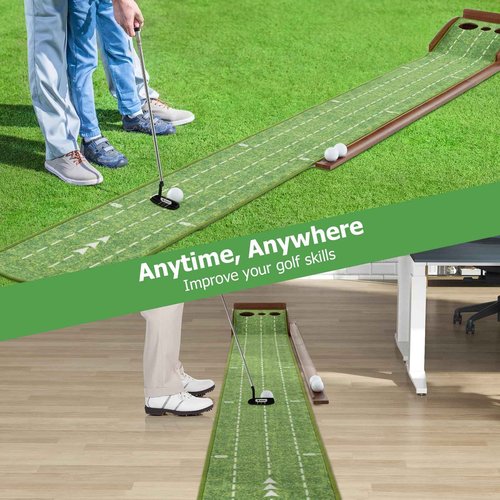 GYMAX Putting Mat, Golf Putting Green Indoor with 2/3 Hole, Golf Practice Mat with Auto Ball Return, Golf Training Aid Putter Alignment for Home Office, Golf Accessories Gift (Auto Return, 3 Holes)
