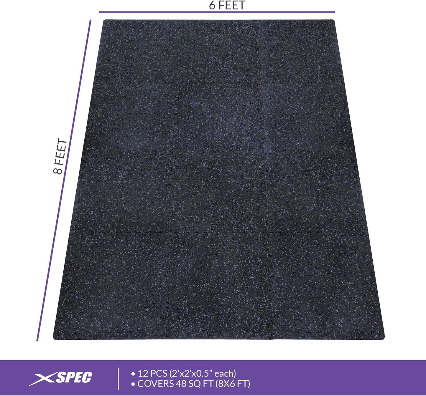 Xspec Interlocking Rubber EVA Foam Exercise Mat - Durable Gym Flooring Tiles | 48 sq ft (12 Tiles) | Black/Blue